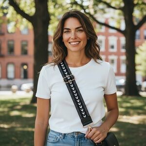 Black w/white hearts boho guitar strap for crossbody